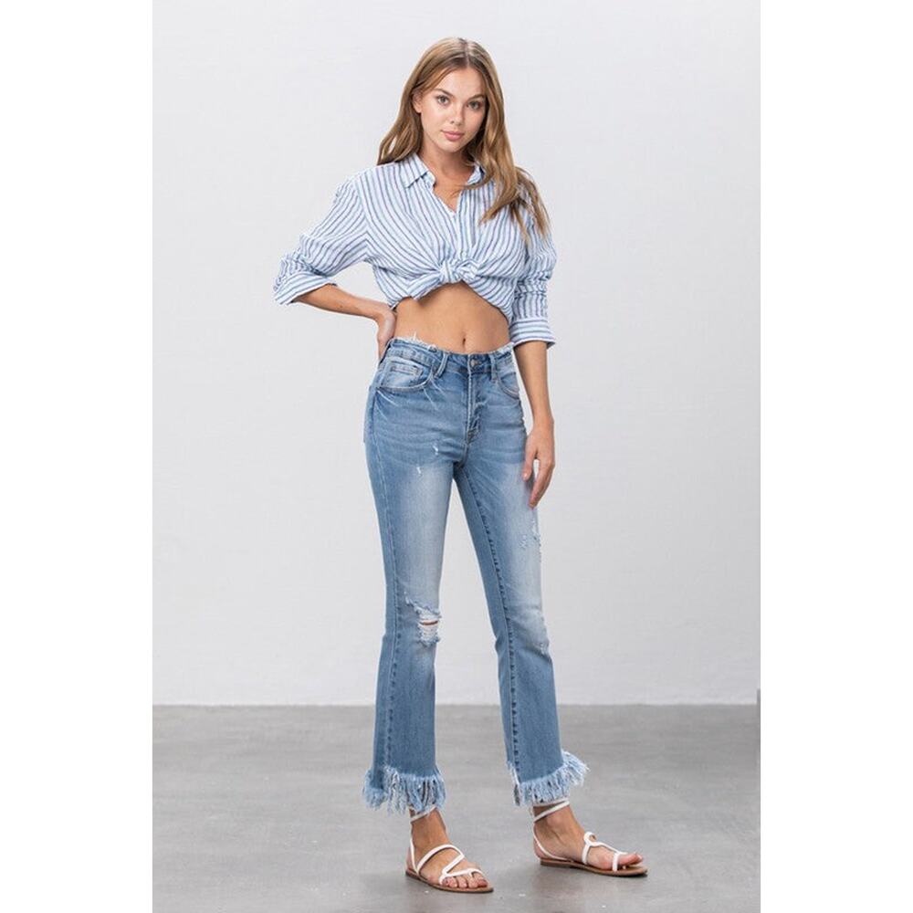 Insane Gene Mid Rise Long Bottom Frayed Crop Flare Jeans - INI90R - Size 5/26